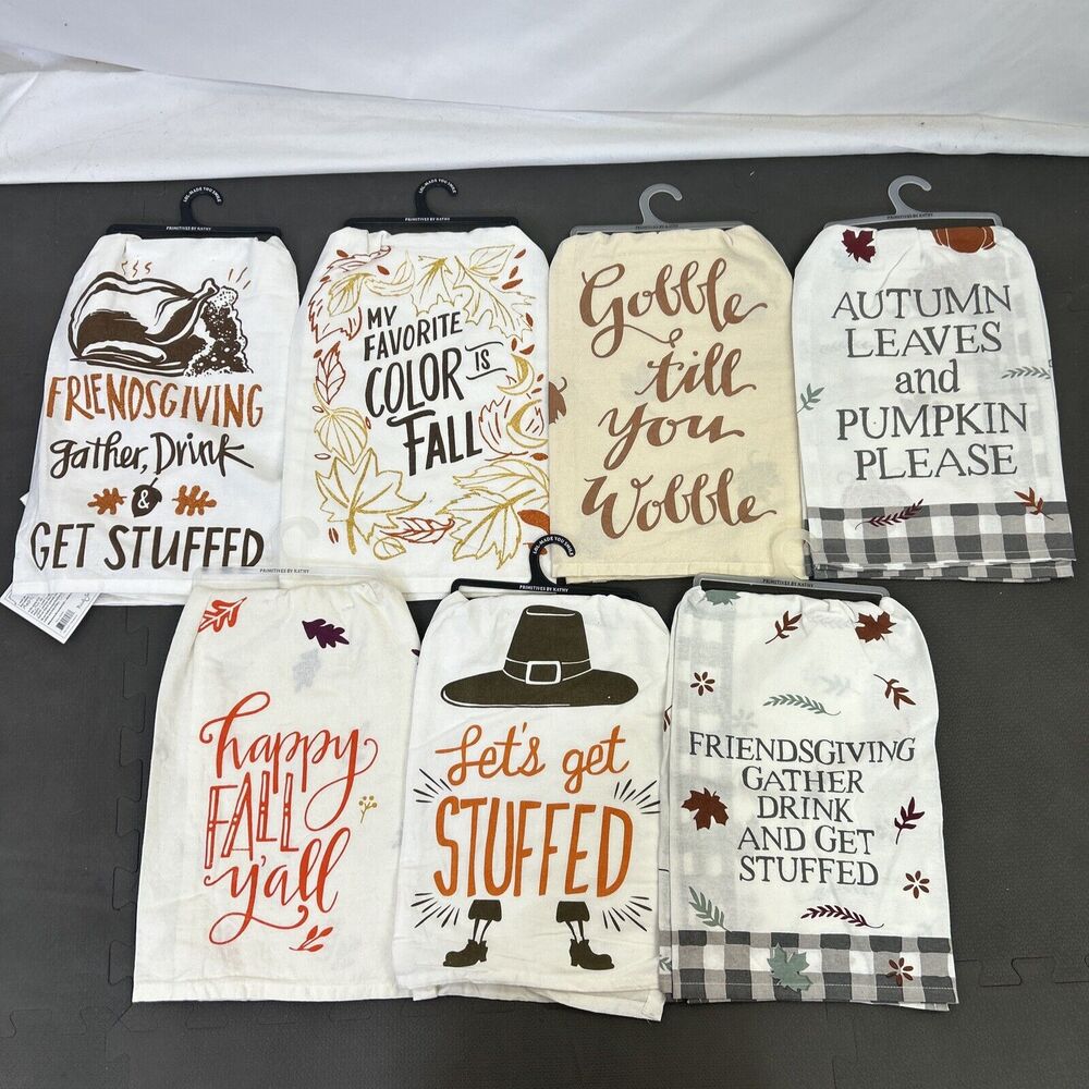 NWT Set 7 Primitive's by Kathy Kitchen Dish Towels Fall Thanksgiving FS Charity